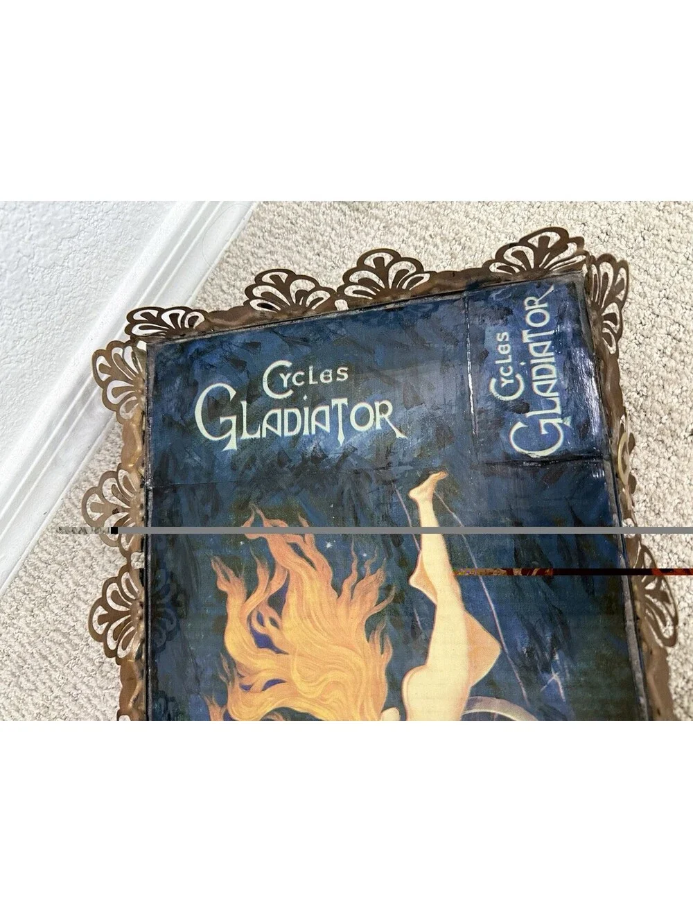 Vtg Style Cycles Gladiator Art Nouveau Bicycle Print Metal Vanity Tray